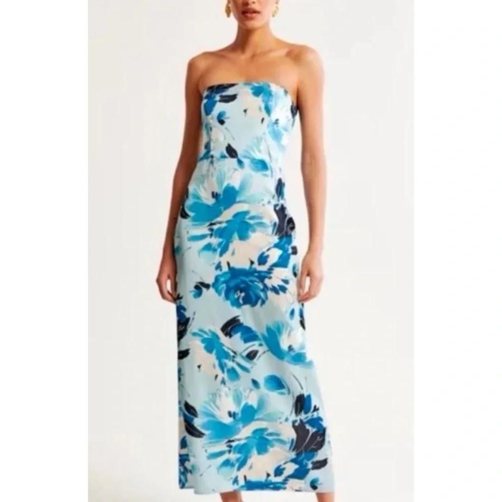 Abercrombie & Fitch Blue Floral Strapless Smocked Back Maxi Dress Women's XS